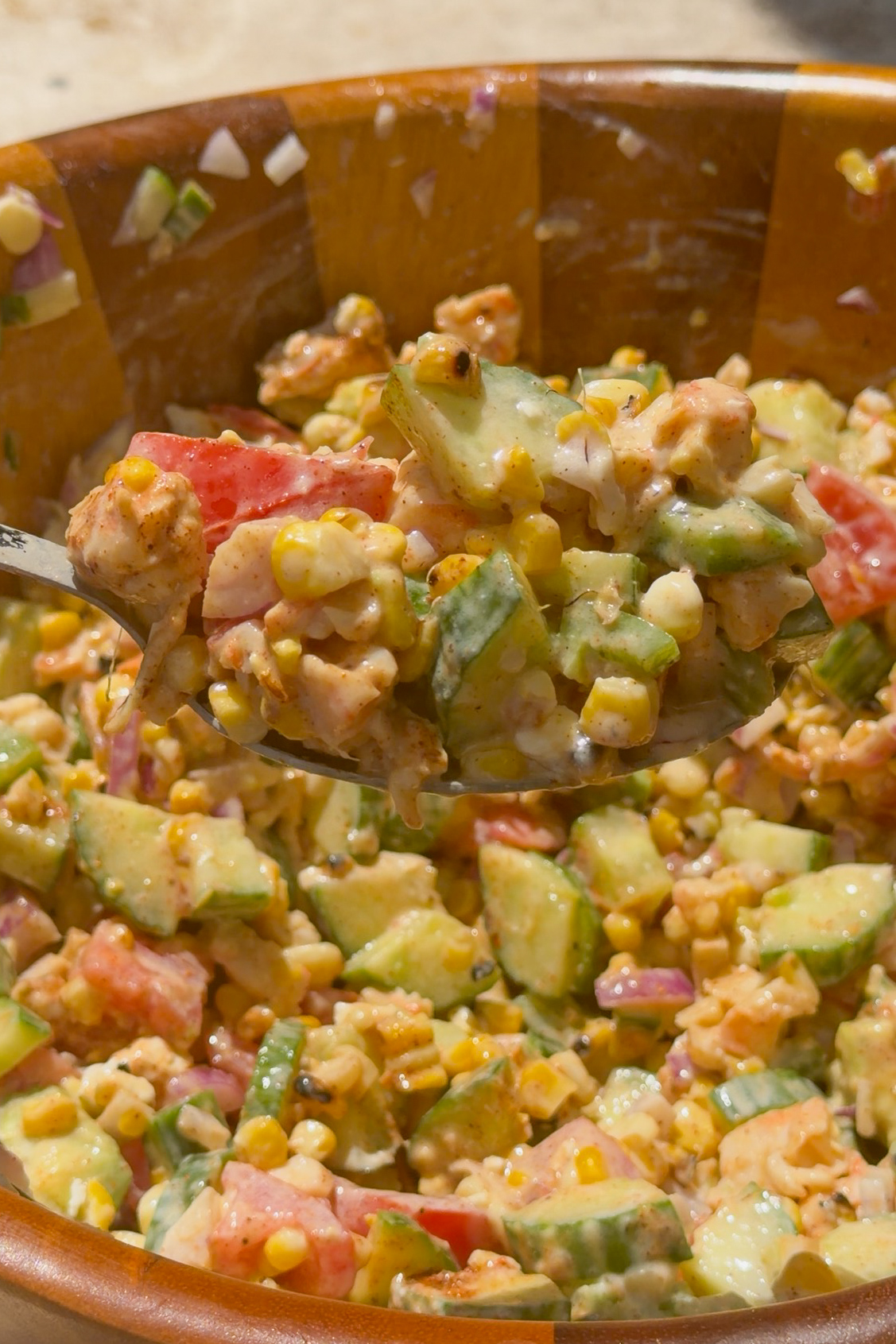 Mexican Street Corn Shrimp Salad with avocado, Cotija cheese and grilled corn