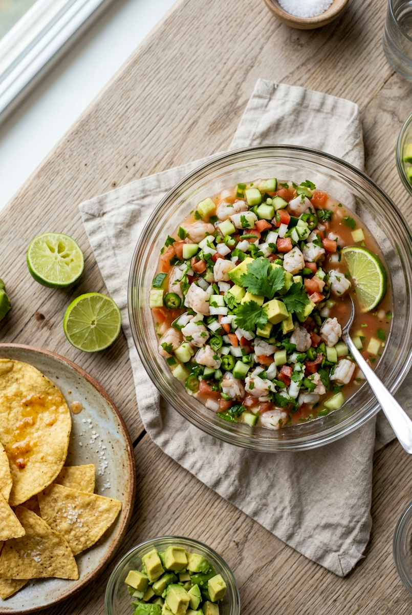 Shrimp ceviche with cooked shrimp, avocado, cucumber, tomato and cilantro